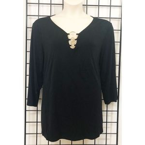 INC Black Long Tunic Knit Top Gold Hoop Bodice